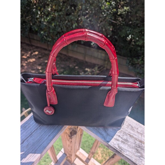 Monsac Designer Handbag Evening Red Leather Bamboo Strap Black Nylon Vintage - Picture 4 of 8